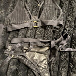 Black Strappy Bikini Set with Gold Rings